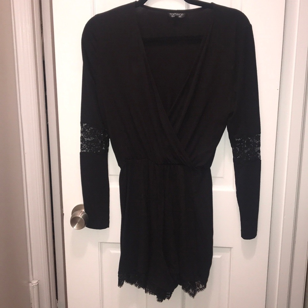 Black romper with lace leg & sheer sleeves